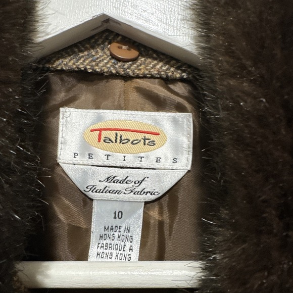 VTG Talbots Jacket Womens 10P Brown Long Sleeve Herringbone Faux Fur Collar RARE - Picture 3 of 14